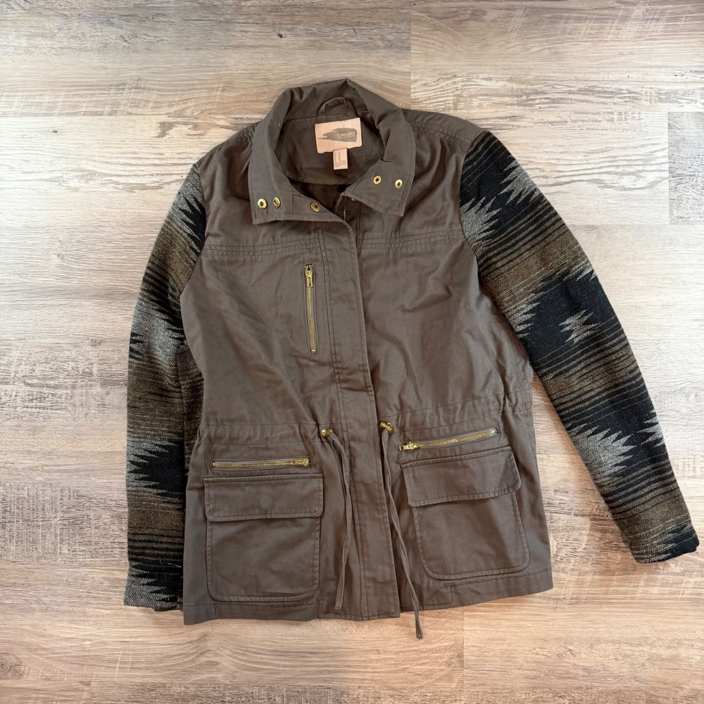 Contemporary Utility Jacket Aztec Knit Sleeve XS Olive Grey Boho Western